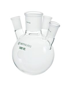 Chemglass Flask, Round Bottom, 12000ml, Heavy Wall, 45/50 - 24/40, 4-Neck, Angled 20.