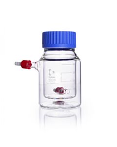 DWK DURAN® GLS 80® Laboratory Bottle, double walled (jacketed), wide mouth, clear, with screw cap and pouring ring, PP, blue, 500 mL