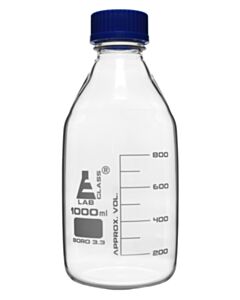 Eisco Labs Reagent Bottle, 1000ml - Transparent With Blue Screw Cap - White Graduations