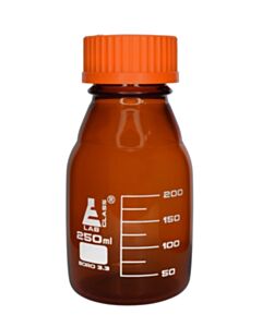 Eisco Labs Reagent Bottle, 250ml - Amber Colored Glass - Orange Screw Cap - Borosilicate 3.3 Glass