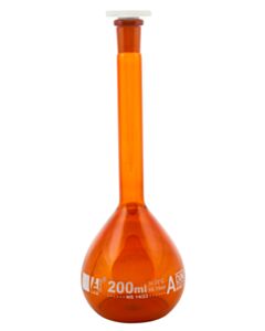 Eisco Labs Volumetric Flask, 200ml - Class A - 14/23 Polypropylene Stopper, Borosilicate Glass