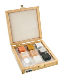 Eisco Labs 9pc Specimen Density Cube Set - Brass, Iron, Copper, Aluminum, Hardwood, Softwood