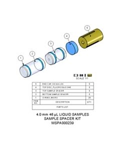 Agilent Technologies Sample Spacer Kit, 4.0 mm, 46 µL, liquids. Contains 5 front and 5 rear sample spacers, 5 end caps and 5 top discs