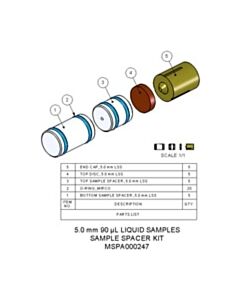 Agilent Technologies Sample Spacer Kit, 5.0 mm, 90 µL, liquids. Contains 5 front and 5 rear sample spacers, 5 end caps and 5 top discs