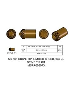 Agilent Technologies Drive Tip Kit, 5.0 mm, 230 µL, high capacity. Contains 10 x vespel drive tips. High capacity rotors have thinner walls and restri