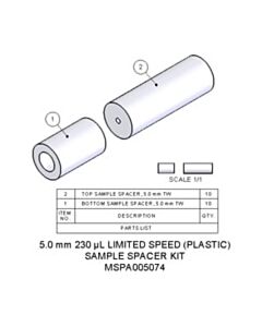 Agilent Technologies Sample Spacer Kit, 5.0 mm, 230 µL, high capacity. Contains 10 PTFE bottom spacers and 10 PTFE caps. High capacity rotors