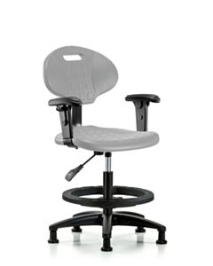 Neta ECOM Erie Polyurethane Chair - Medium Bench Height with Black Foot Ring, Adjustable Arms, & Stationary Glides in Gray Polyurethane