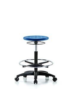 Neta ECOM Polyurethane Ray Sit-Stand Stool Chrome - Medium Bench Height with Chrome Foot Ring & Stationary Glides in Blue Polyurethane
