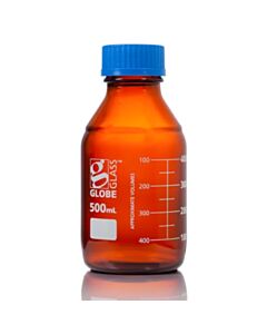 Qorpak 500cc Amber TyPE I Cl.A Glass Rnd Media Bottle W/Dual Printed Graduations&Gl45 Blue PP Screw Cap