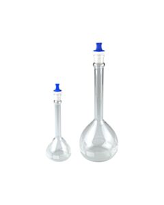 Qorpak 250mL Clear Volumetric Flask w/Blue Snap Cap, Class A, Astm E288 (Batch Certificate)
