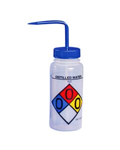 RPI Right-To-Know Safety Wash Bottles, Distilled Water, Blue Cap, 4 Per Case